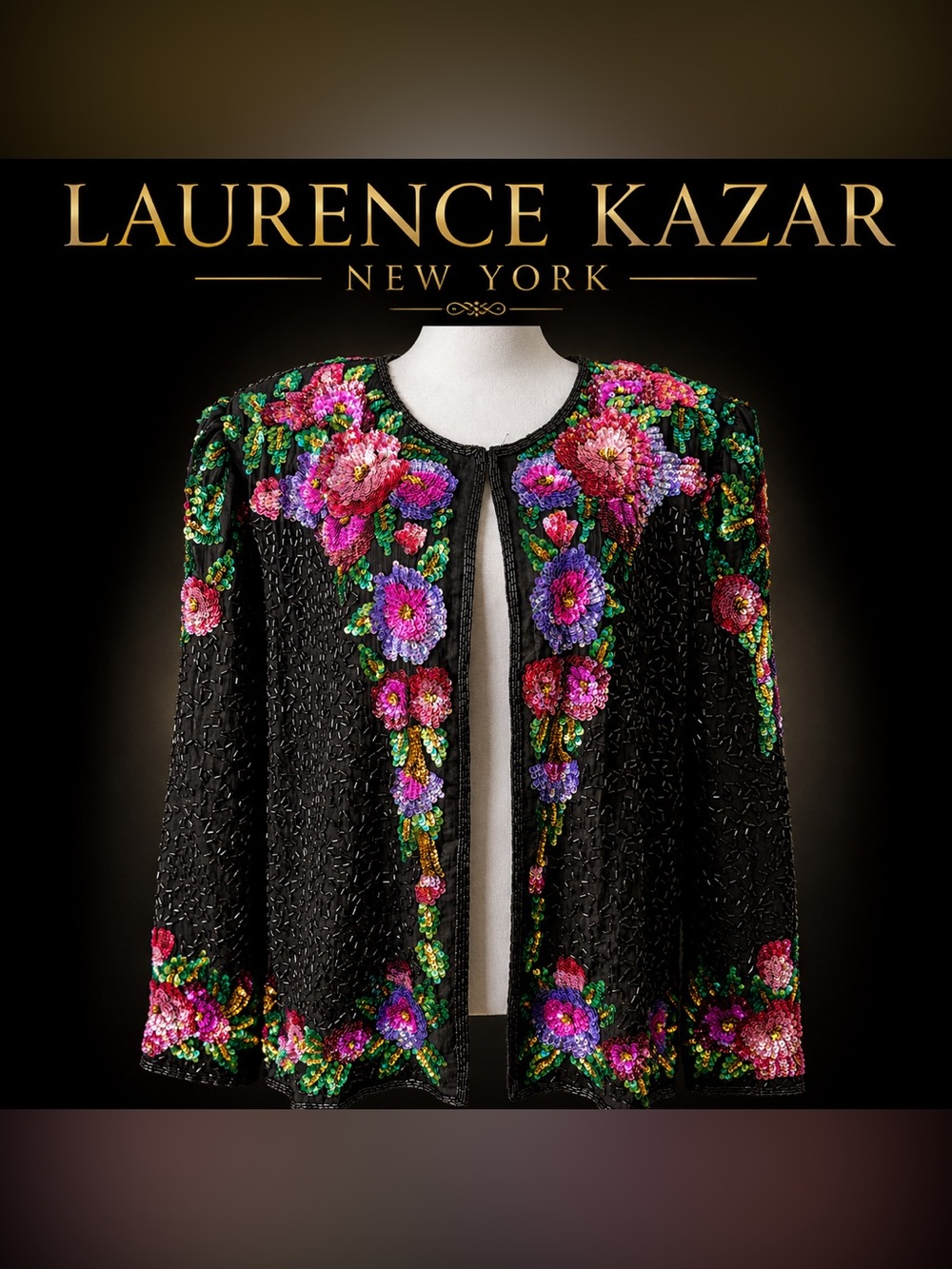 Laurence Kazar Silk Black Jacket with Pink, Purple & Green Floral Beading